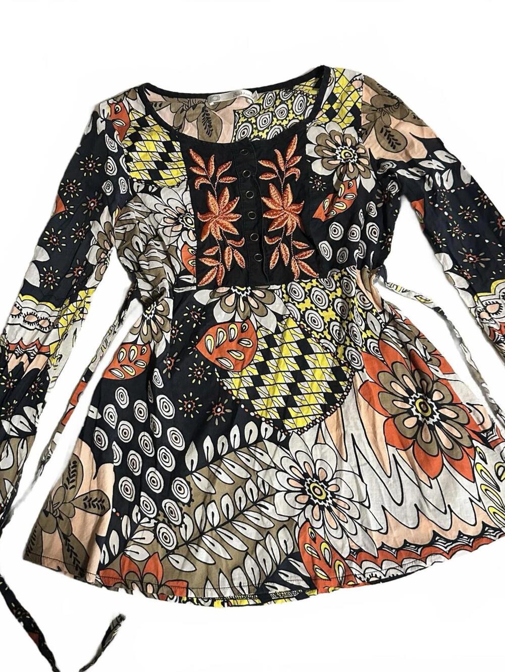 Solitare Y2K Henley Patchwork Embroidery Baby Doll Top Cotton Lightweight Sz S